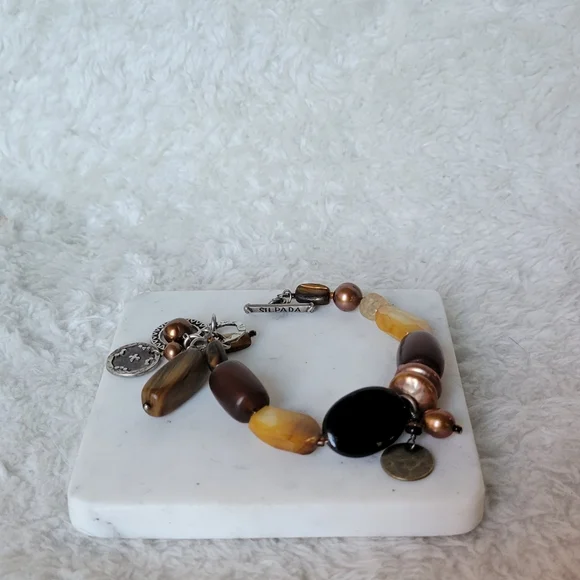 SILPADA Beaded Gemstone Bracelet w/ Shell, Horn, Glass, Pearls, Sterling, Bronze - Picture 2 of 8